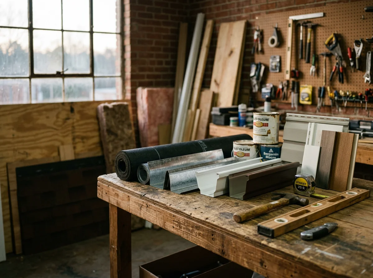 Construction tools and materials organized on a work surface, representing the range of home repair and remodeling services offered.