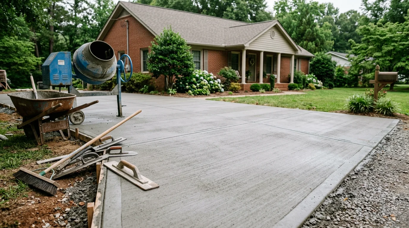 Newly poured concrete driveway at residential home