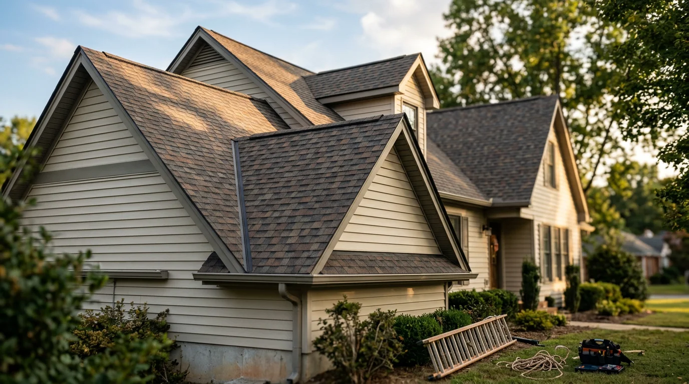 Roofer installing shingles on a residential home