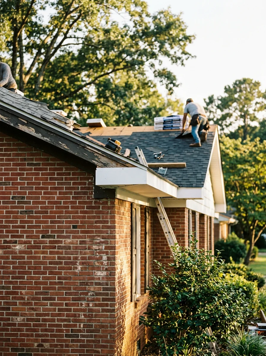 New architectural shingles being installed on a 1960s-era brick home in Adairsville, GA, with the original deteriorated fascia boards replaced alongside the roofing work.