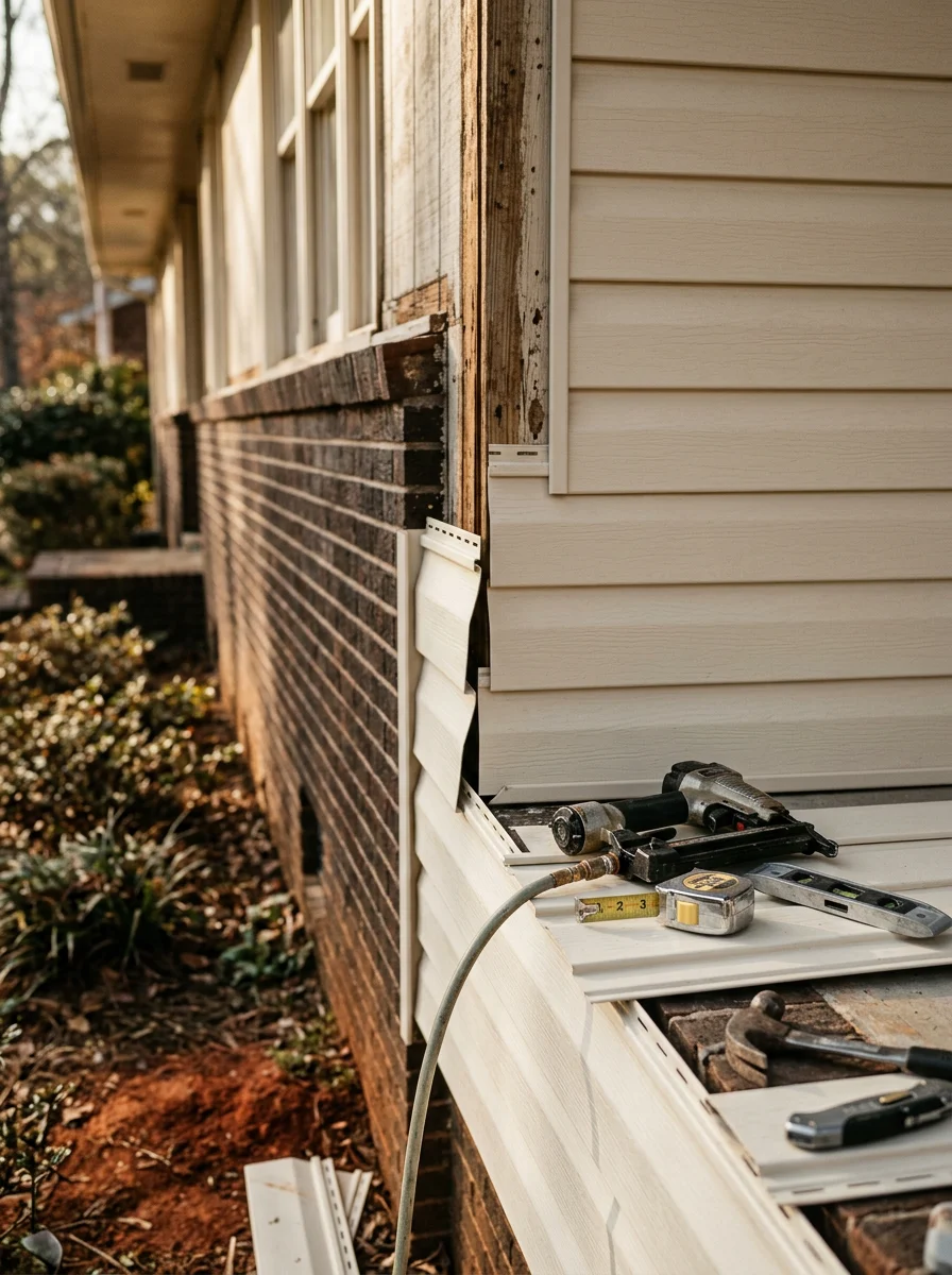 Close-up of new vinyl siding panels being installed on a 1970s-era ranch home in Calhoun, GA, with original wood trim visible alongside.