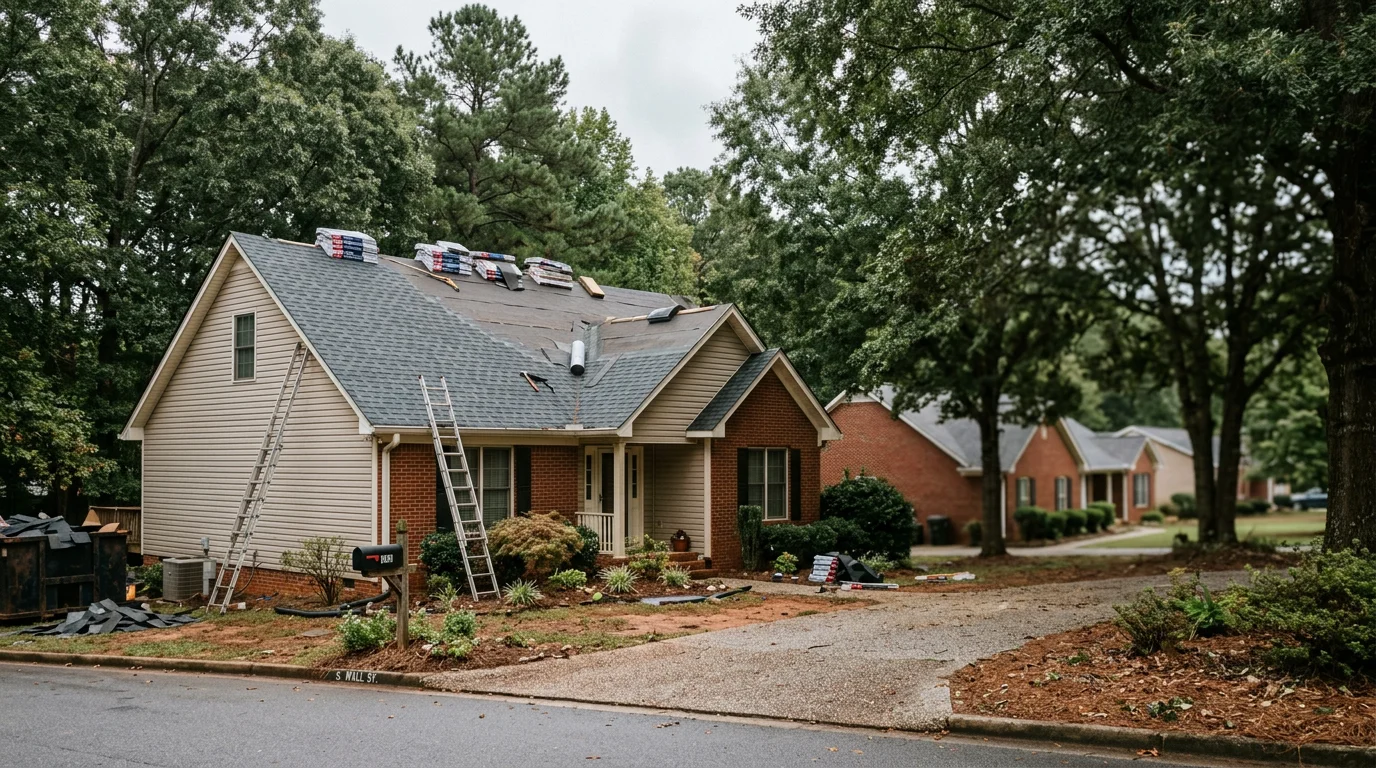 Roofers installing new asphalt shingles on a single-family home in a Calhoun, Georgia neighborhood with mature trees lining the street.
