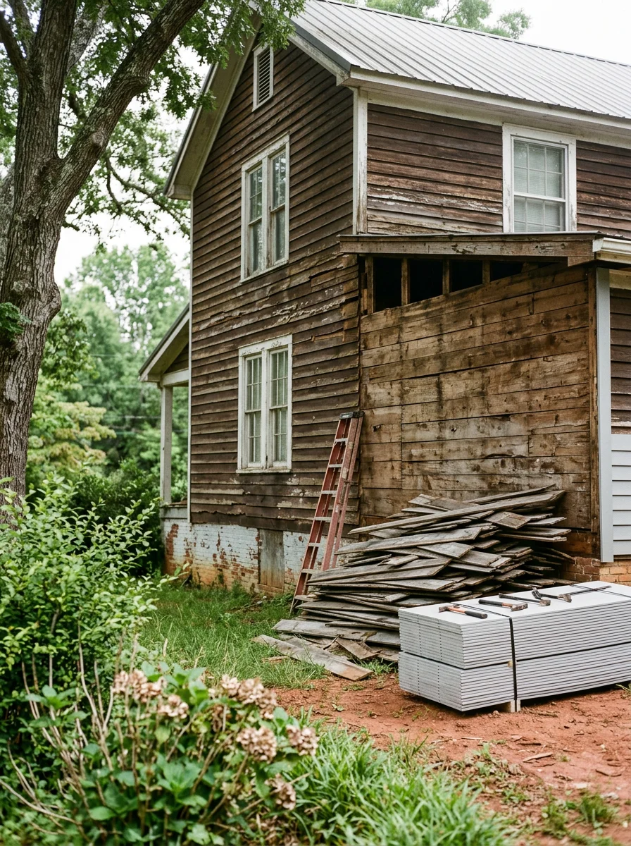Deteriorated original wood siding being removed from a pre-1980 home in Fairmount, GA, with new fiber cement panels staged on the ground ready for installation.
