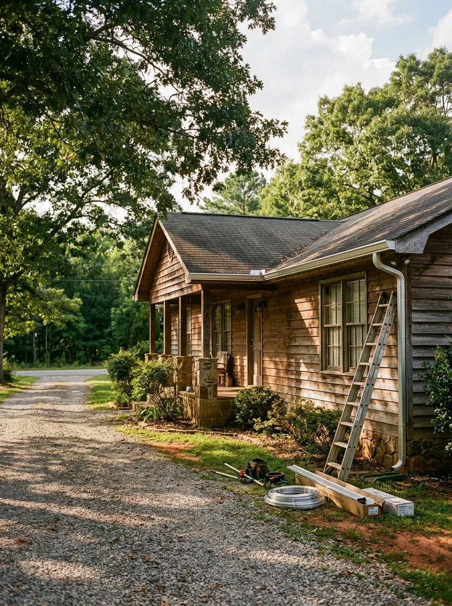 New gutters being installed on a 1980s-era home on a rural Gordon County road, with a long gravel driveway and mature oak trees surrounding the property.