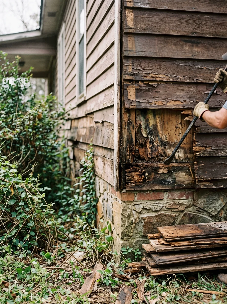 Rotted wood siding being removed from the base of a Resaca, GA home near the river, exposing damaged sheathing that will be replaced before new siding panels are installed.
