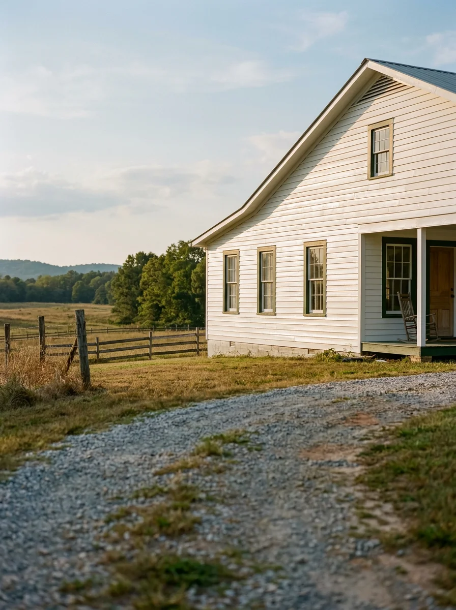 Fresh exterior paint being applied to the sun-exposed west elevation of a rural Sugar Valley, GA home, with a long gravel driveway and open pasture in the foreground.