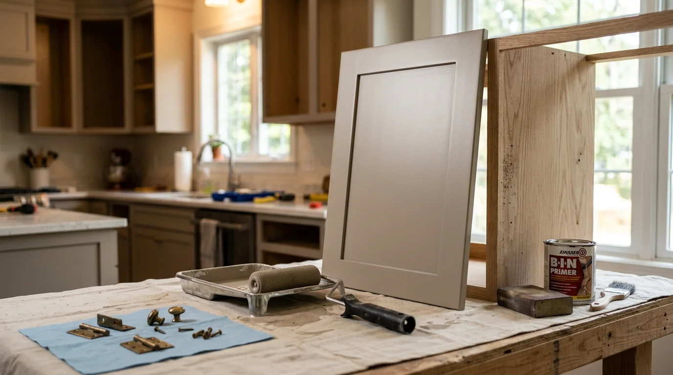 Freshly painted white kitchen cabinets in a ranch-style home in Calhoun, Georgia, showing smooth, even finish on doors, drawer fronts, and cabinet frames. Close-up view highlights clean edges and consistent color across all cabinet surfaces.