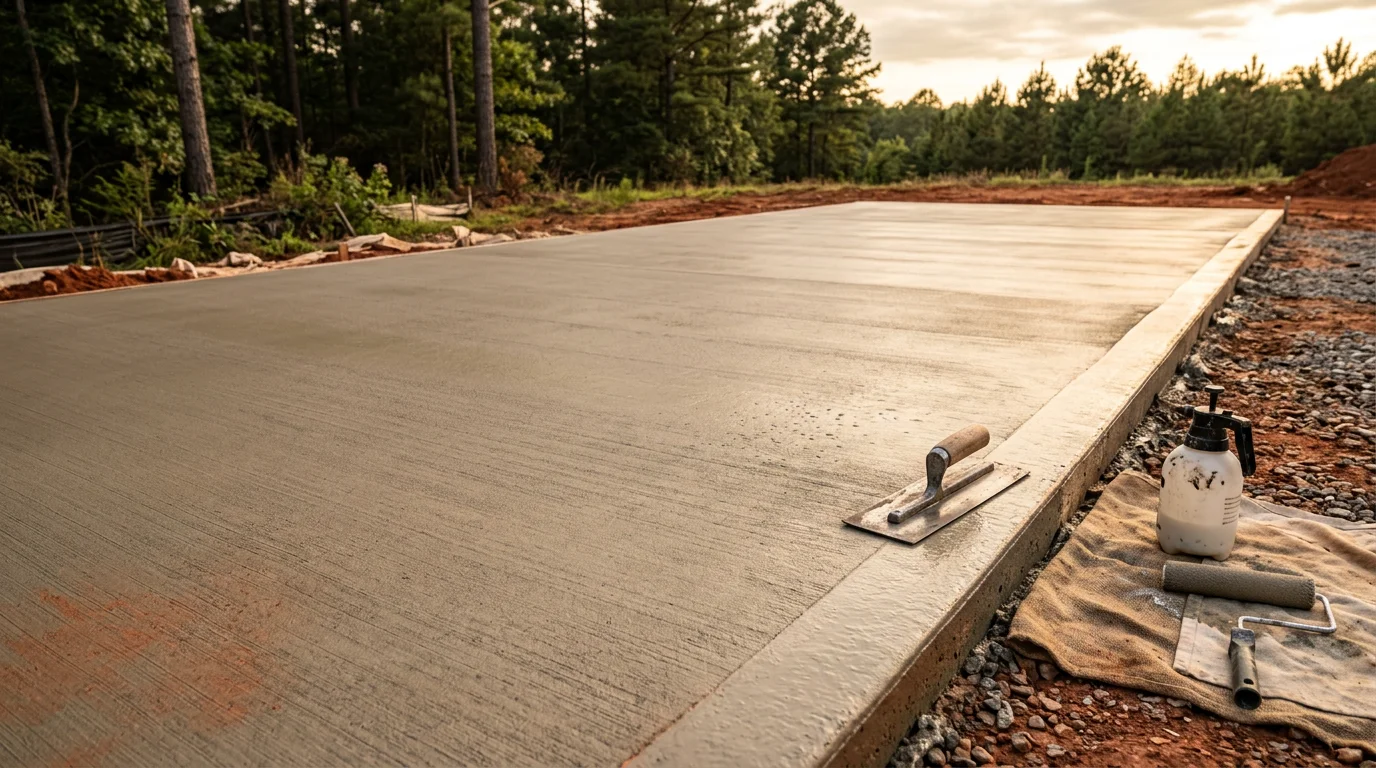 A freshly finished concrete slab with a smooth broom texture on a residential property in Calhoun, Georgia. The surface shows clean edges and even color with no pooling or rough spots.