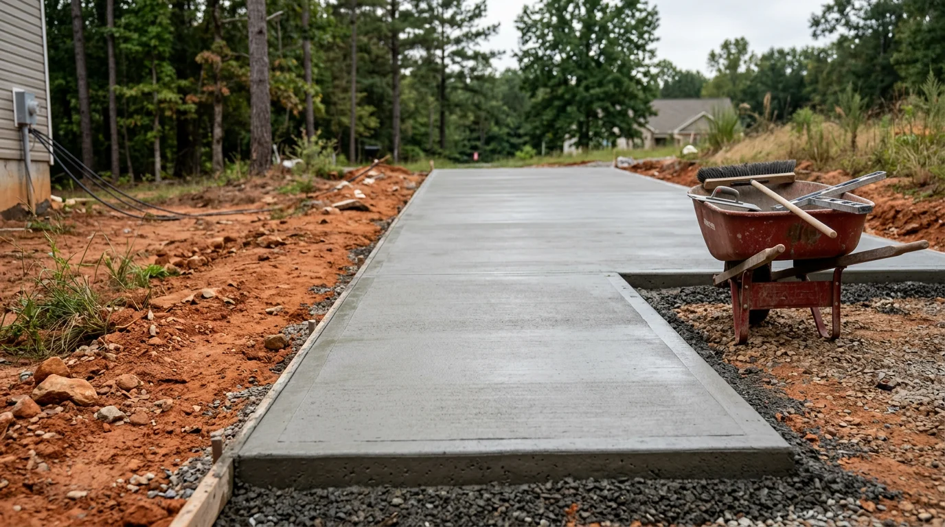 A freshly poured concrete driveway at a residential property in Calhoun, Georgia, with clean formed edges and a smooth surface finish. The driveway runs from the street to an attached garage on a lot with red clay soil visible along the border.