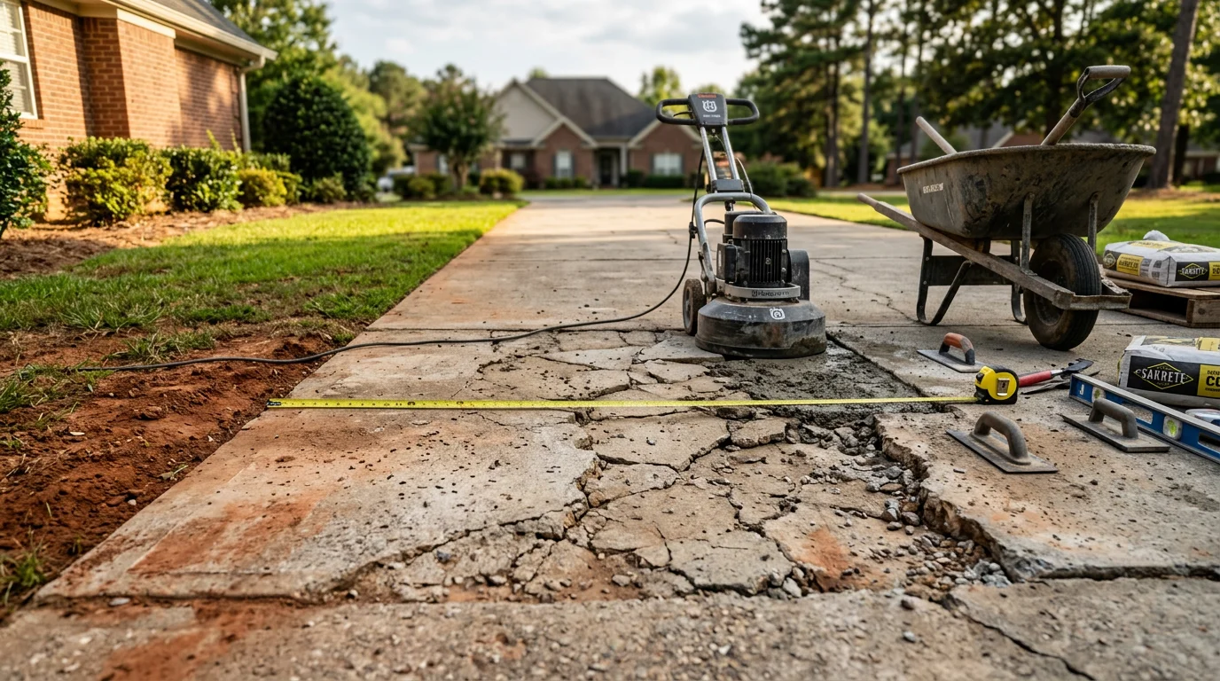 A repaired residential concrete driveway in Calhoun, Georgia, showing smooth, crack-free slabs with clean edges and no visible surface damage. The driveway leads to a single-family home with a standard two-car width.