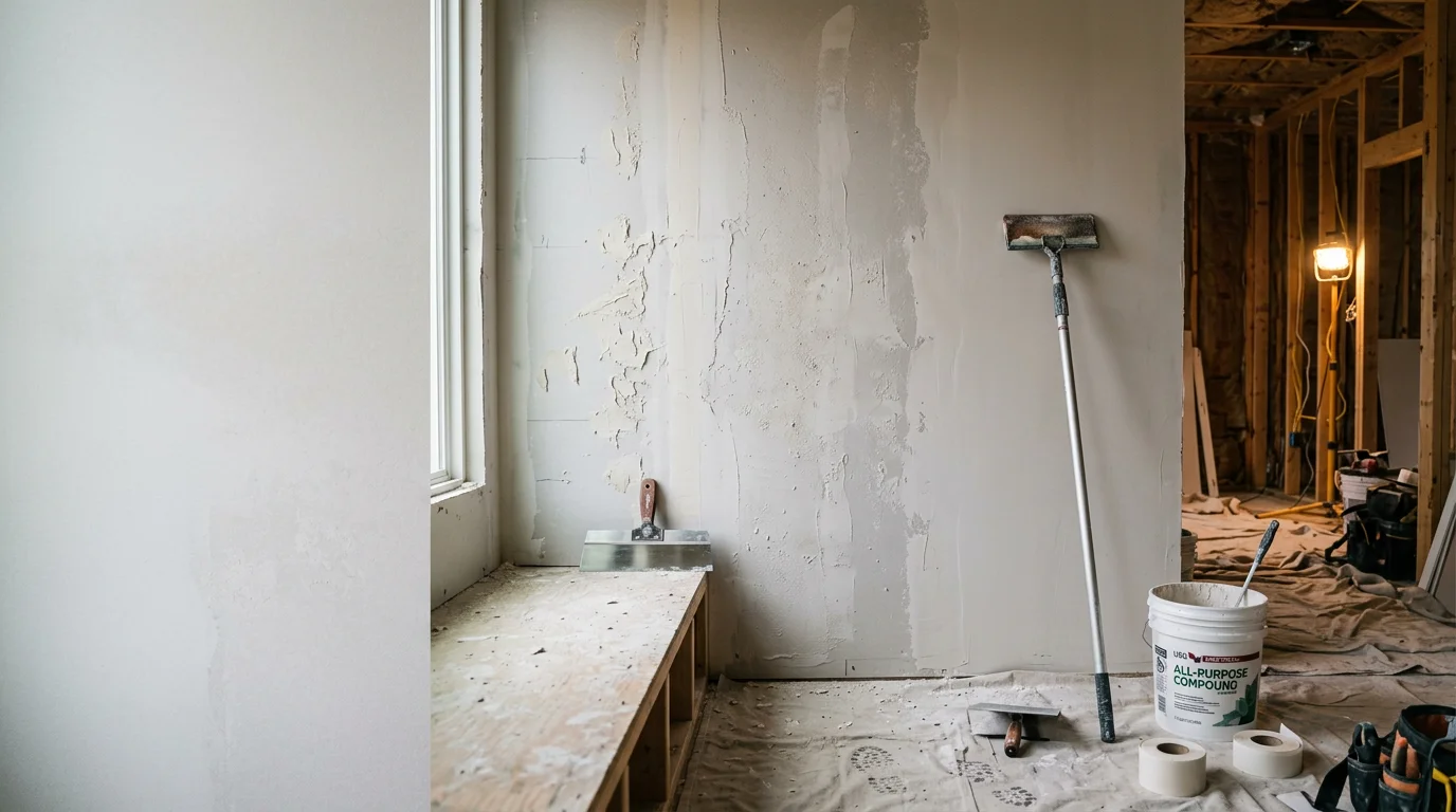 Freshly finished drywall walls in a Calhoun, Georgia home interior showing smooth, seam-free surfaces ready for paint. A painter's work area with joint compound tools visible along the baseboard.