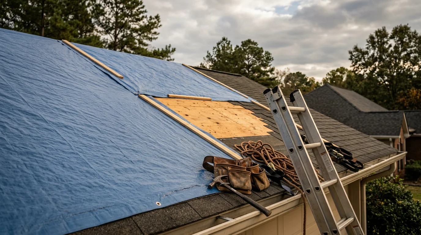 A residential roof in Calhoun, Georgia showing storm damage with missing shingles and exposed decking being assessed for emergency repair. A roofing contractor inspects the damaged section from a ladder alongside the home.