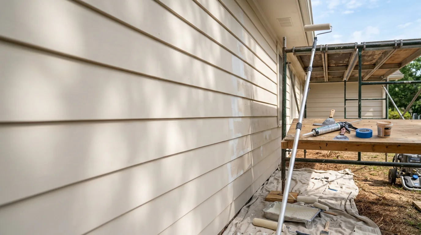 A freshly painted single-family home exterior in Calhoun, Georgia, with clean siding and trim work visible against a clear sky. The home shows smooth, even coverage consistent with professional exterior painting preparation and application.