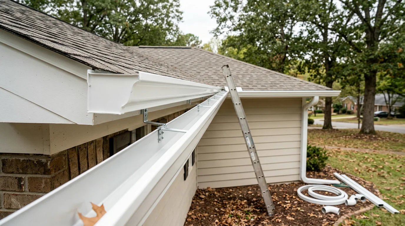 Newly installed gutter system running along the roofline of a single-family home in Calhoun, Georgia. Downspouts direct water away from the foundation on a tree-lined residential lot.