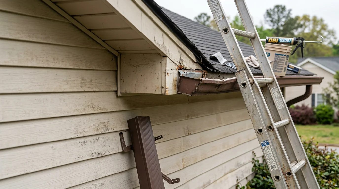 A repaired residential gutter system on a single-family home in Calhoun, Georgia, with resealed joints and refastened sections running along the roofline. Water drains cleanly through the downspout away from the home's foundation.