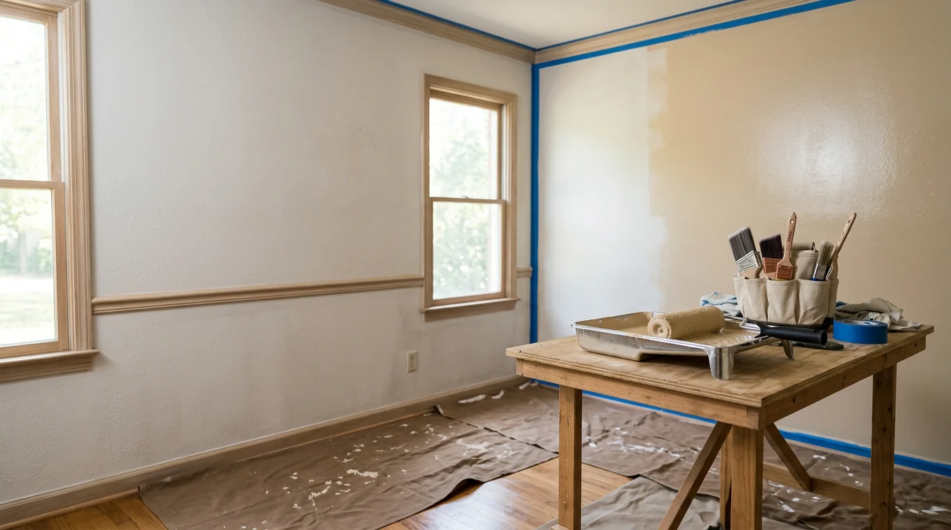 Freshly painted interior living room walls and trim inside a single-family home in Calhoun, Georgia. Clean, even paint coverage on walls and ceiling with no brush marks or uneven edges visible.