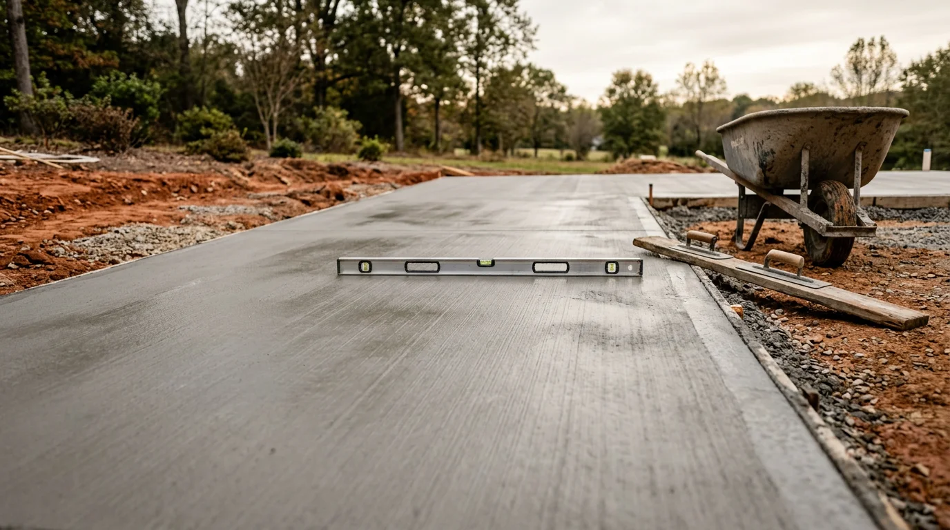 A freshly poured concrete patio behind a residential home in Calhoun, Georgia, with a smooth broom-textured finish and clean edges. The patio extends from the back door across a level yard with green grass visible along the border.