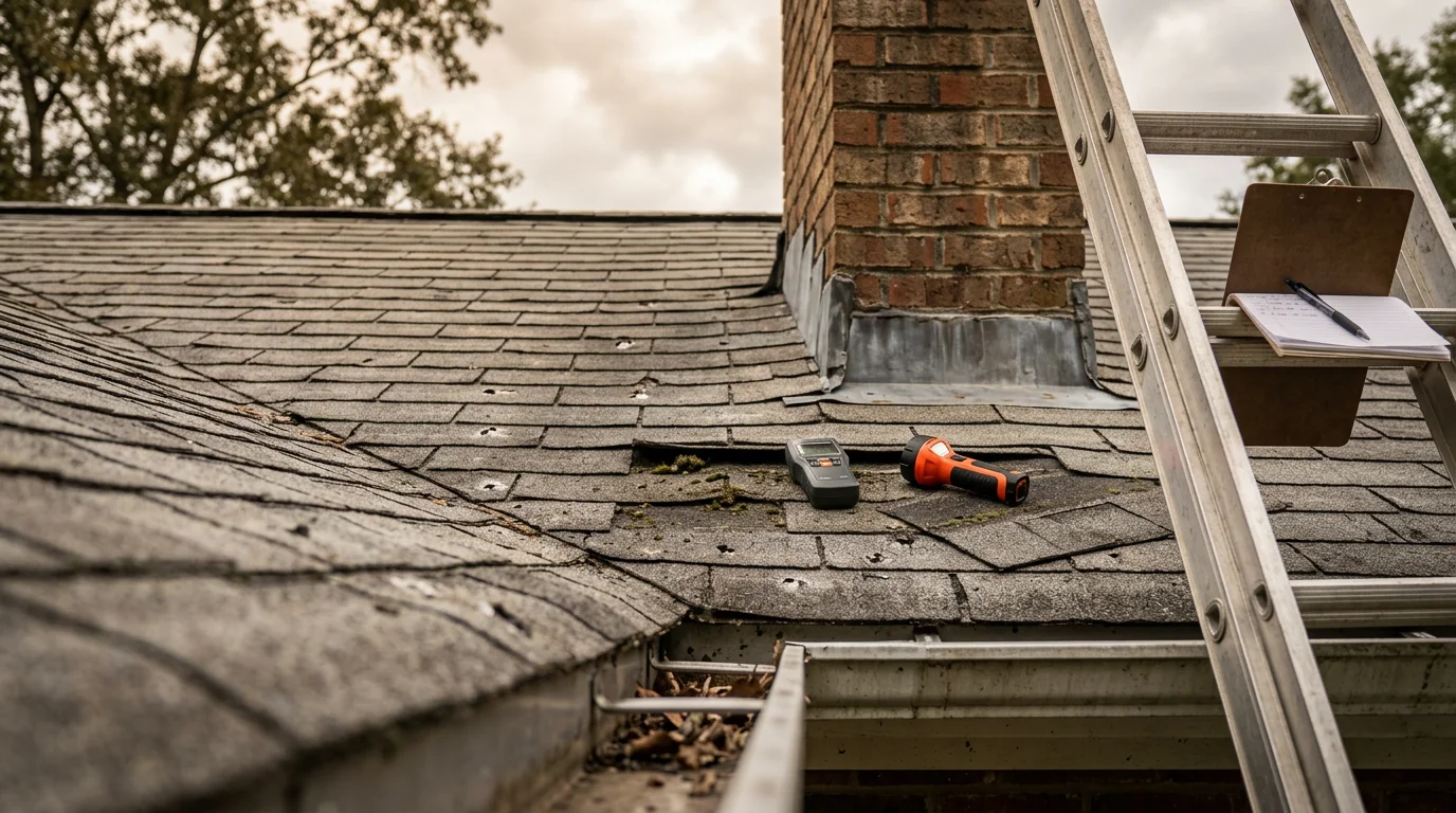 A roofing contractor inspecting shingles and flashing on a residential roof in Calhoun, Georgia. The inspector examines the ridge line and chimney area for storm damage and wear common to North Georgia homes.