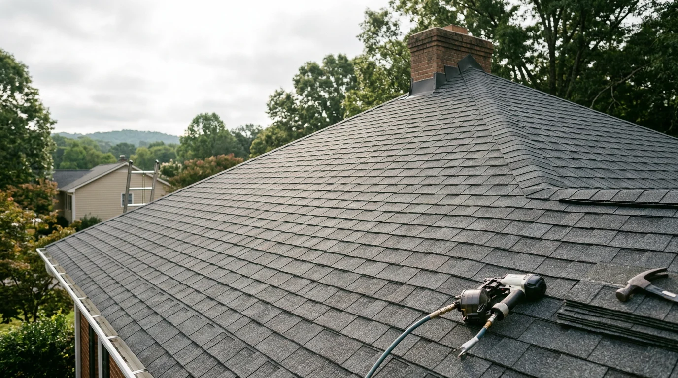 A newly installed residential roof on a single-family home in Calhoun, Georgia, showing clean roofing material laid from eave to ridge with no visible damage or wear. The surrounding landscape reflects the green, wooded character typical of Gordon County neighborhoods.