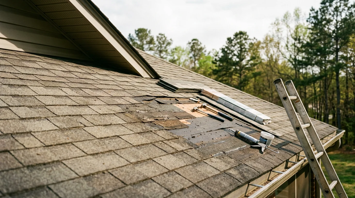 A residential roof in Calhoun, Georgia showing a completed shingle repair on a section damaged by storm weather. A contractor is visible resealing flashing along a roofline against a clear sky.