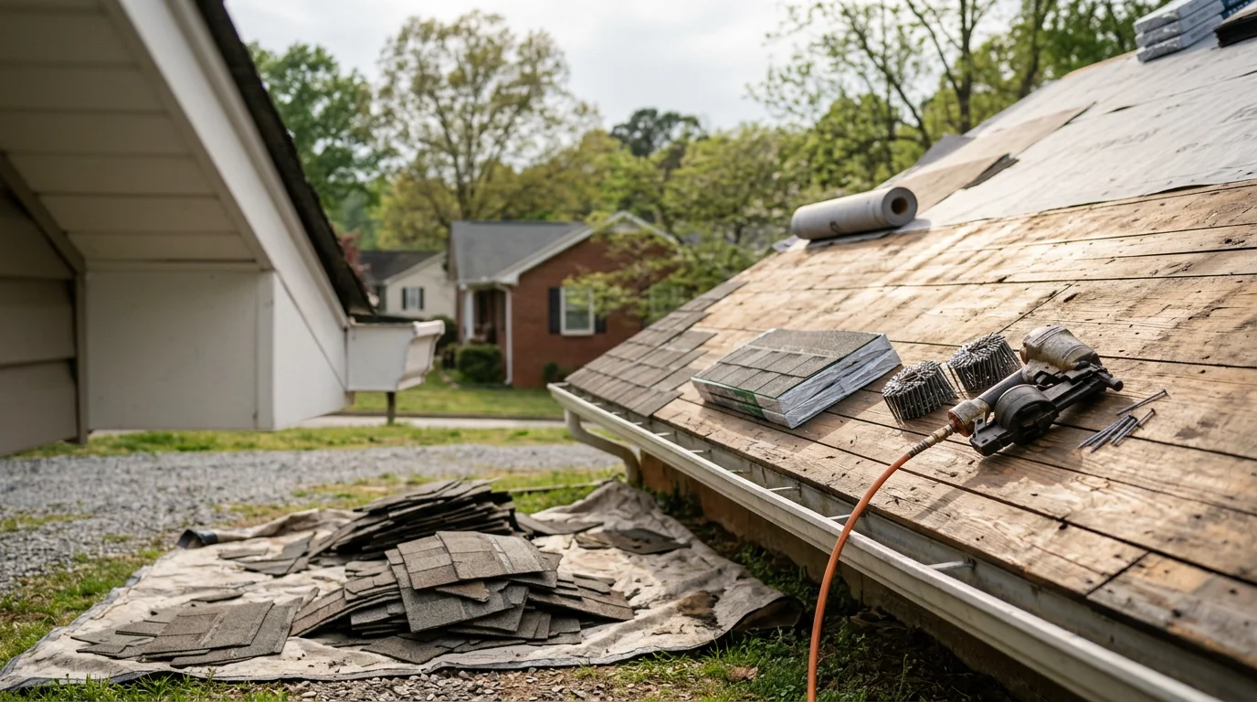 A completed roof replacement on a residential home in Calhoun, Georgia, showing new roofing materials installed across the full surface with clean ridge lines and intact flashing. The home sits in a typical Gordon County neighborhood setting under clear sky.