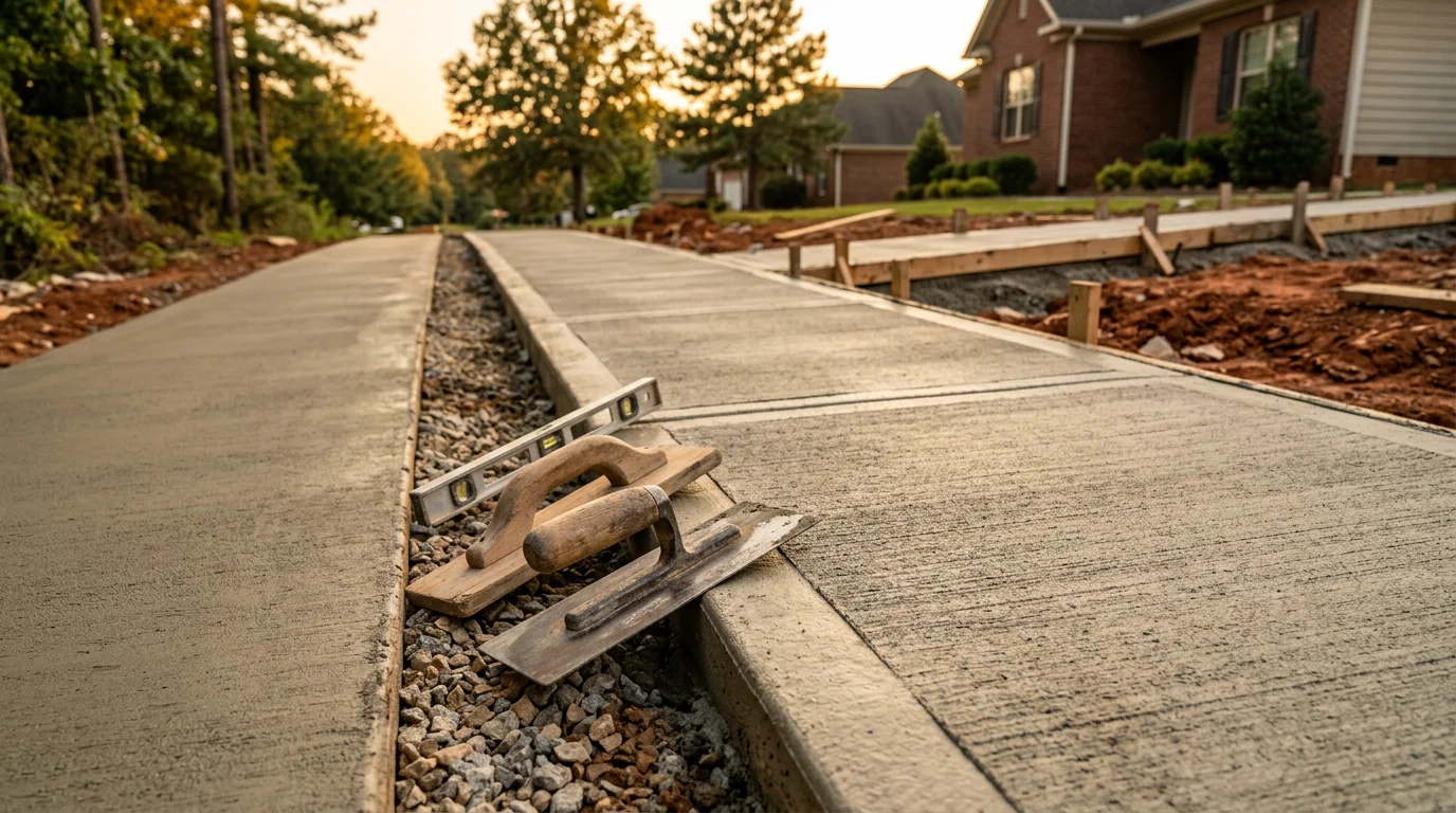 Freshly poured concrete sidewalk leading from a residential front door to the street in Calhoun, Georgia. The slab has a smooth, broom-finished surface with clean formed edges on both sides.