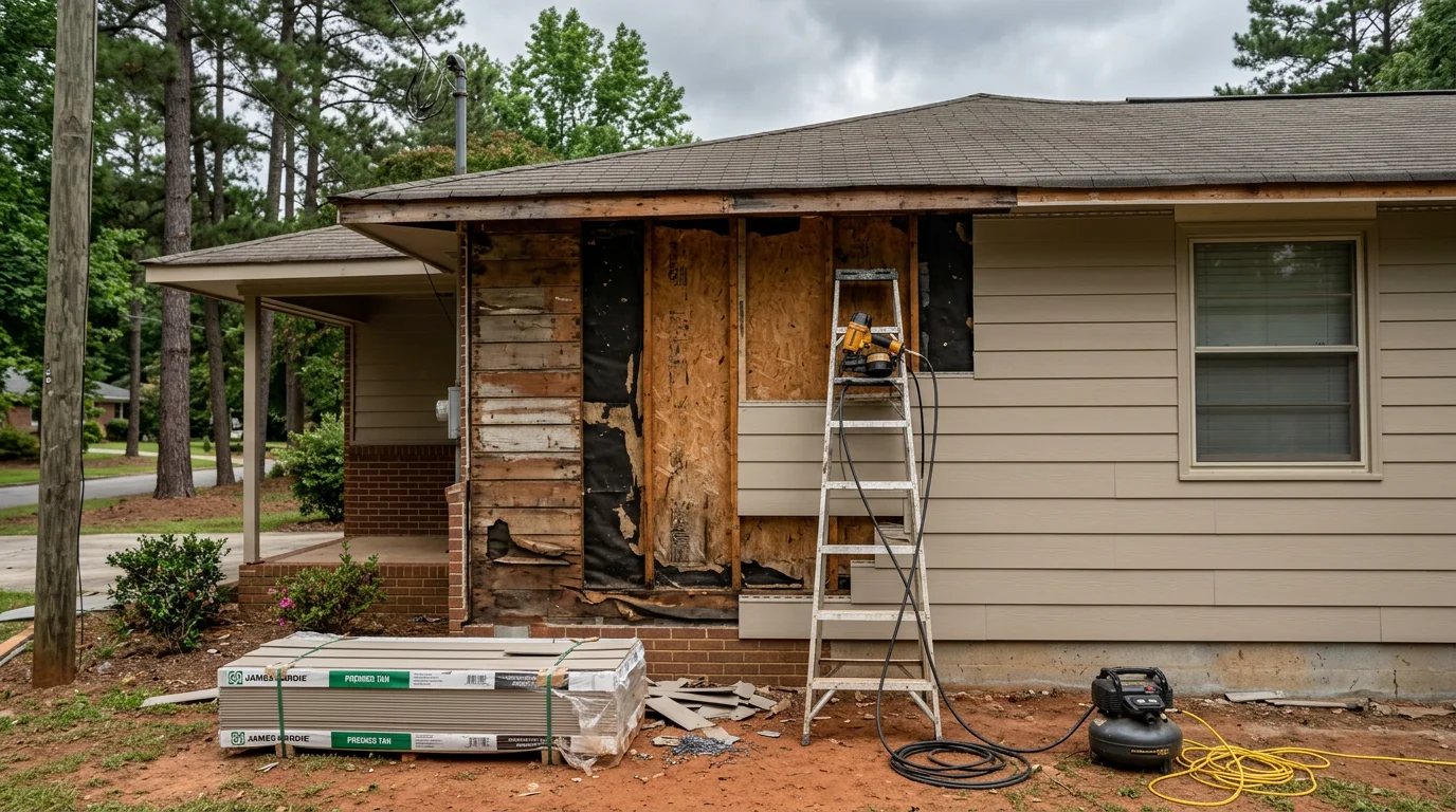 Freshly installed exterior siding on a single-family home in Calhoun, Georgia, showing clean panel lines and a sealed, weather-ready finish. The home's exterior walls are fully clad with no gaps or exposed sheathing visible.