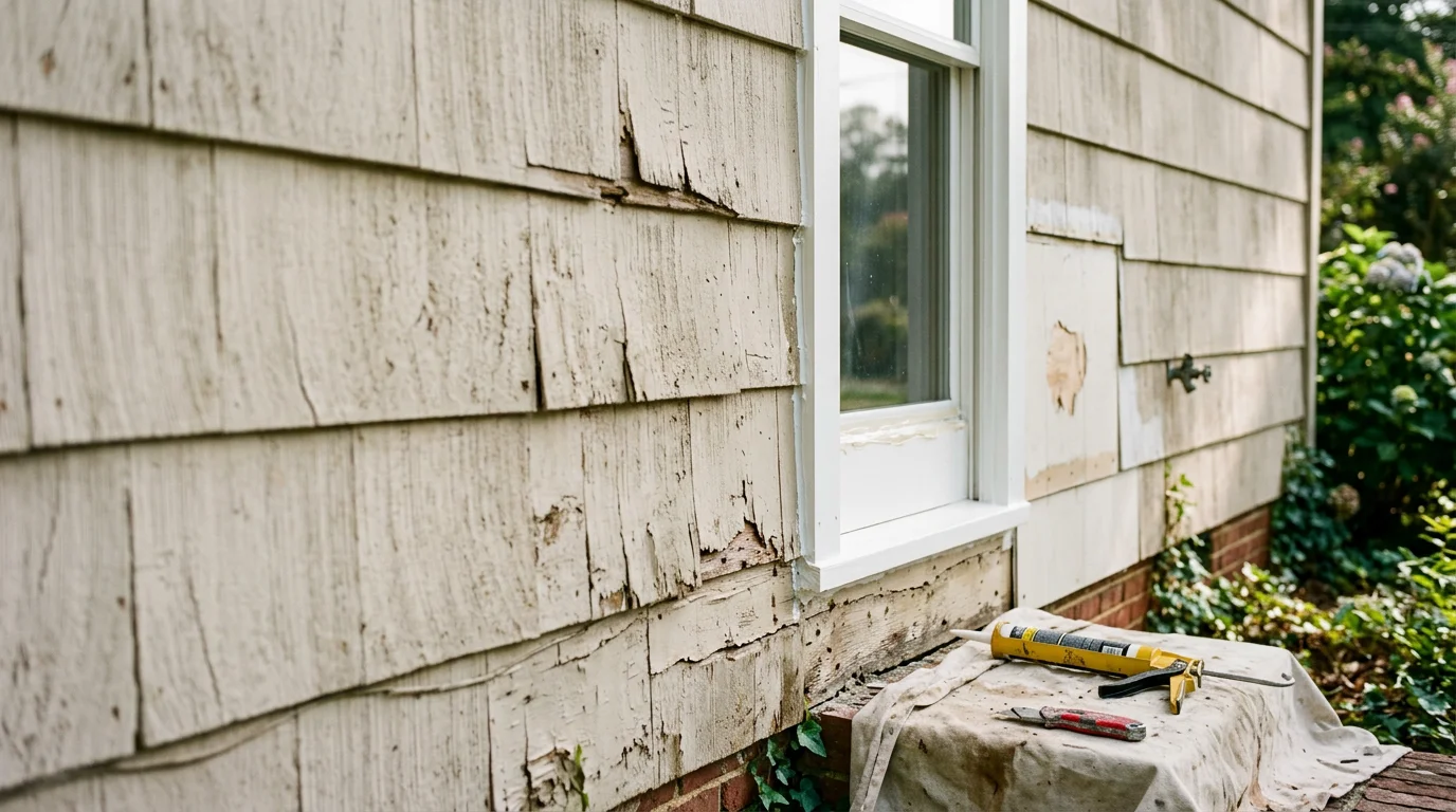 Close-up of repaired exterior siding on a single-family home in Calhoun, Georgia, showing patched panels and renewed caulking along window trim. The repaired section blends with the surrounding siding on a residential street.