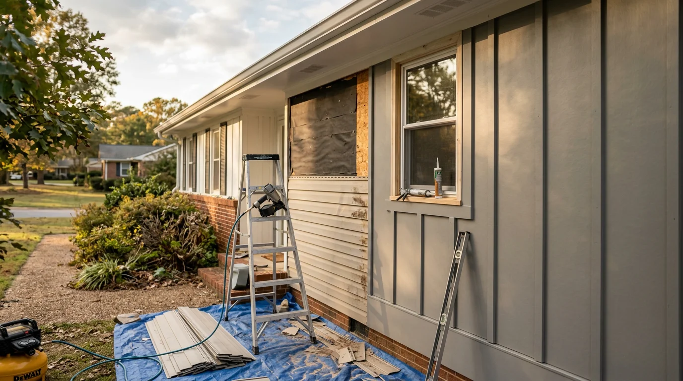 Freshly replaced exterior siding on a residential home in Calhoun, Georgia, showing clean, uniform panels installed across the full facade. The completed replacement covers the front and side walls of the house with no gaps, warping, or damaged sections visible.