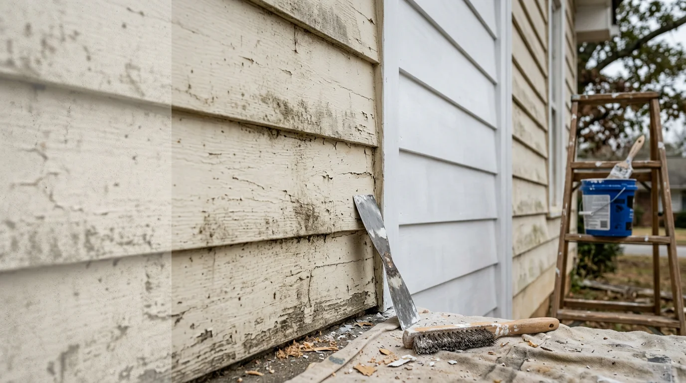 A painter sanding and preparing an exterior wall surface on a residential home in Calhoun, Georgia before paint application. The surface shows repaired cracks and clean, primed wood ready for a fresh coat.